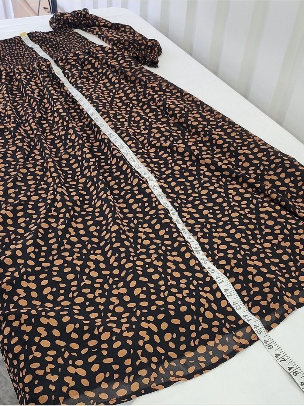 O.P.T. Black Brown Smocked Long Sleeve Midi Dress XL NWT Cottage Flowy Polka Dot - Picture 9 of 9